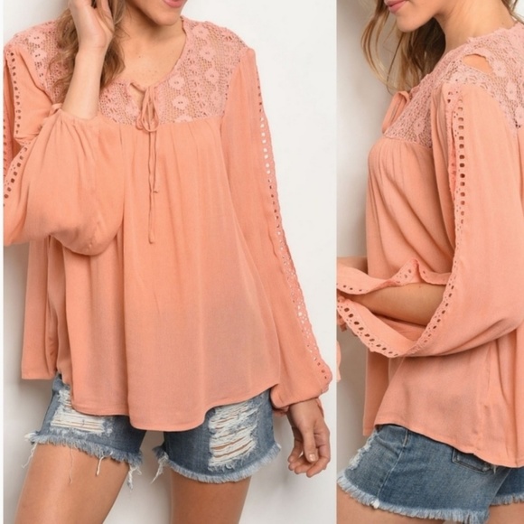 Sweetbb Tops - Last 2! Coral Lace Blouse open sleeve